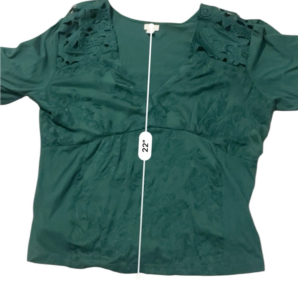 Anthropologie Tiny forest green blouse deep vee shoulder lace details holiday L - Picture 8 of 8